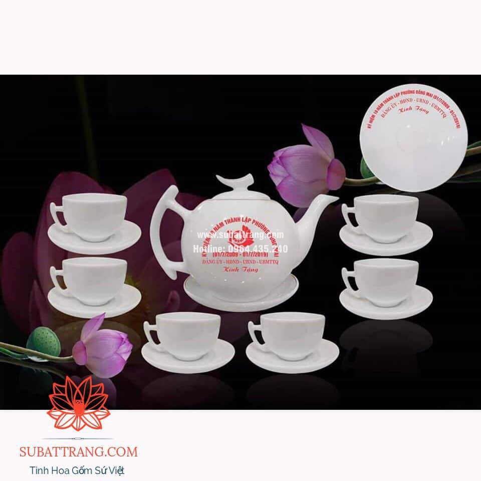 Ấm Chén Bát Tràng Dập logo Bưởi Cành Đẹp Giá Tốt