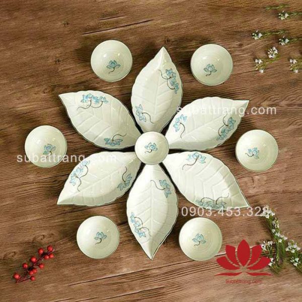 Bộ bát đĩa hình lá gân vẽ hoa sen xanh