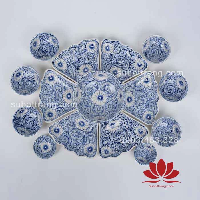 Bộ bát đĩa thờ cúng vẽ hoa dây xanh