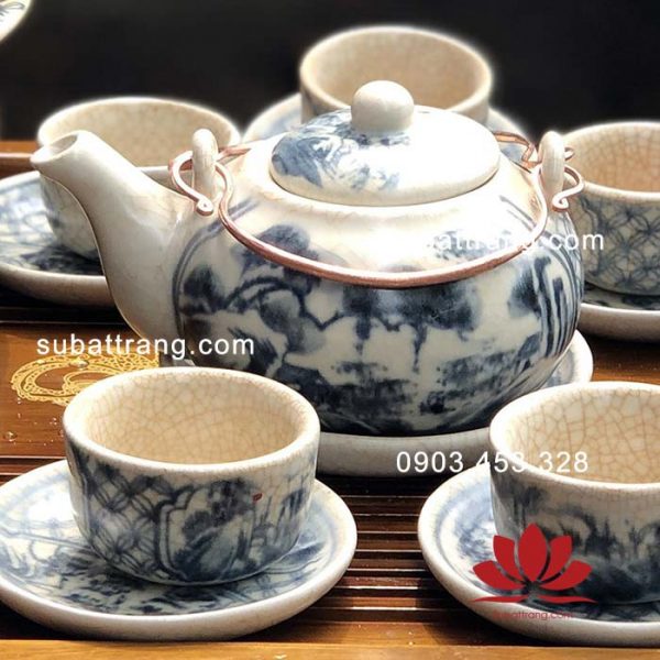 Ấm tích bộ ấm chén men rạn vẽ đồng quê dáng Nhật