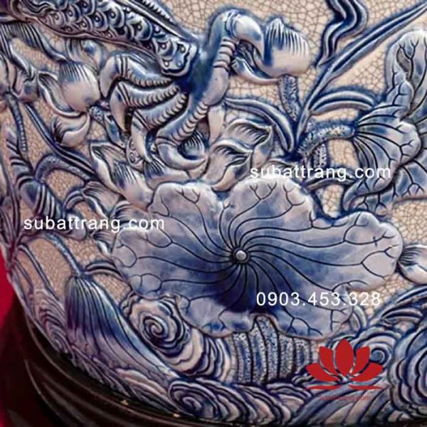 Bát hương Lưỡng Long Chầu Nguyệt men rạn xanh đắp nổi ảnh 3