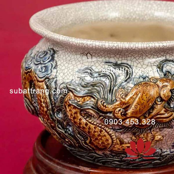 Bát hương quả lựu men rạn đắp nổi Lưỡng Long Chầu Nguyệt ảnh 4