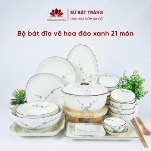 Mẫu bát đĩa họa tiết hoa đào xanh 21 món