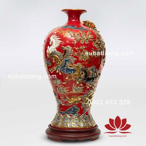 Mai bình tích lộc mã đáo thành công vẽ vàng men đỏ