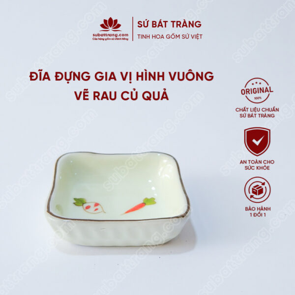 Đĩa đựng gia vị hình vuông vẽ rau củ quả men kem - Sứ Bát Tràng