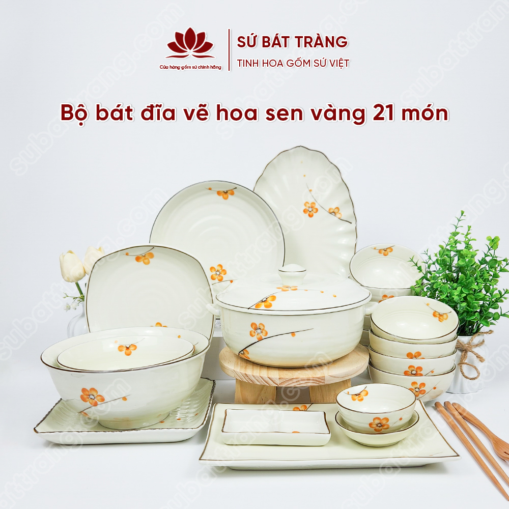 Set Sum Họp Bộ Bát đĩa Vẽ Hoa Mai Vàng | Sứ Bát Tràng