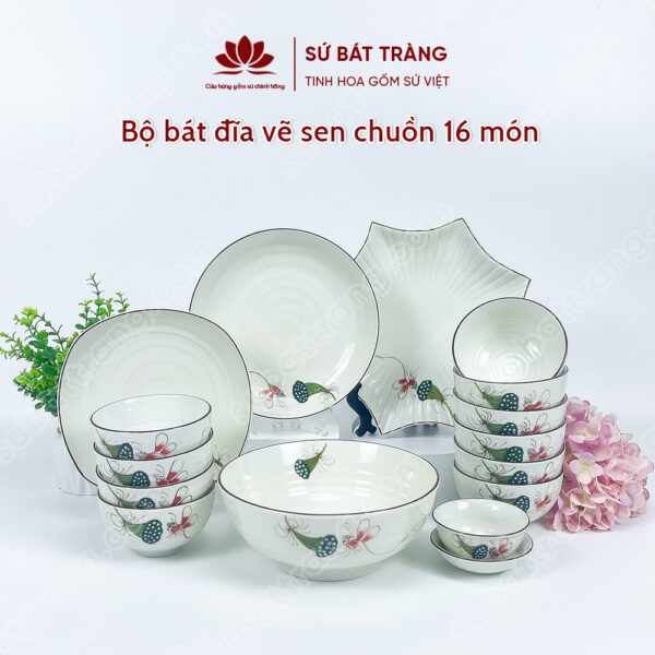 Set Phú Quý Bộ Bát đĩa Vẽ Sen Chuồn | Sứ Bát Tràng