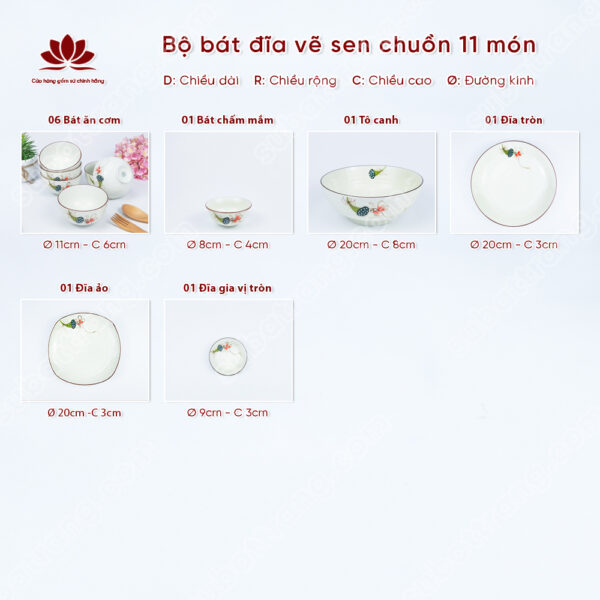 Set Phú Quý Bộ Bát đĩa Vẽ Sen Chuồn | Sứ Bát Tràng