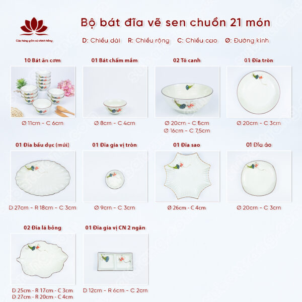 Set Phú Quý Bộ Bát đĩa Vẽ Sen Chuồn | Sứ Bát Tràng