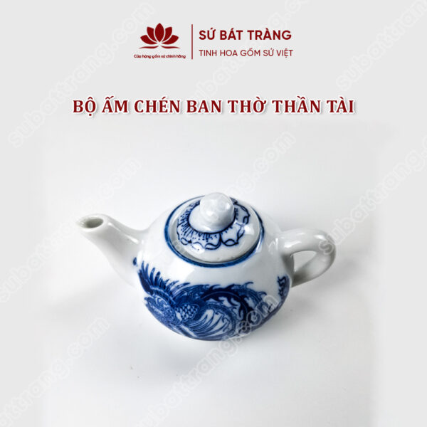 Bộ ấm Chén Ban Thờ Thần Tài Men Lam Bát Tràng Cao Cấp Vẽ Hoạ Tiết Rồng Phượng | Sứ Bát Tràng