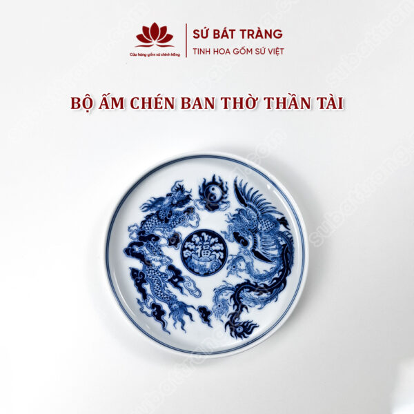 Bộ ấm Chén Ban Thờ Thần Tài Men Lam Bát Tràng Cao Cấp Vẽ Hoạ Tiết Rồng Phượng | Sứ Bát Tràng