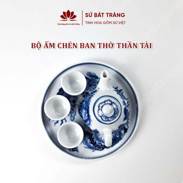 Bộ ấm Chén Ban Thờ Thần Tài Men Lam Bát Tràng Cao Cấp Vẽ Hoạ Tiết Rồng Phượng | Sứ Bát Tràng