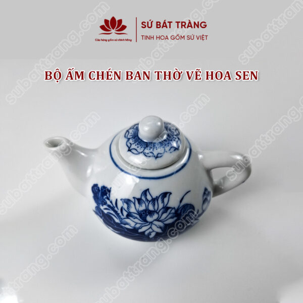 Bộ ấm Chén Ban Thờ Men Lam Bát Tràng Cao Cấp Vẽ Hoạ Tiết Hoa Sen | Sứ Bát Tràng