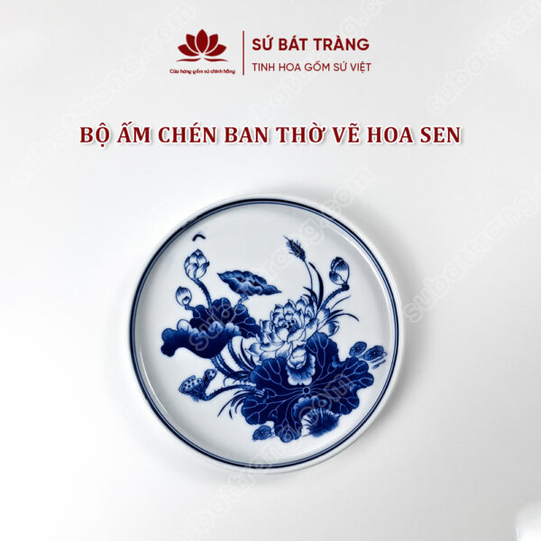 Bộ ấm Chén Ban Thờ Men Lam Bát Tràng Cao Cấp Vẽ Hoạ Tiết Hoa Sen | Sứ Bát Tràng