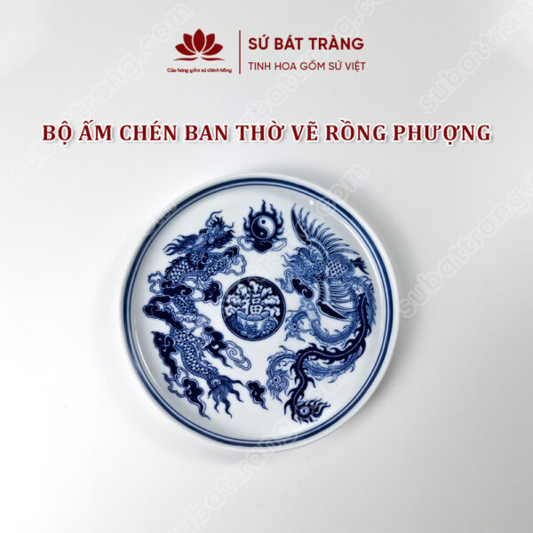 Bộ ấm Chén Ban Thờ Men Lam Bát Tràng Cao Cấp Vẽ Hoạ Tiết Rồng Phượng | Sứ Bát Tràng