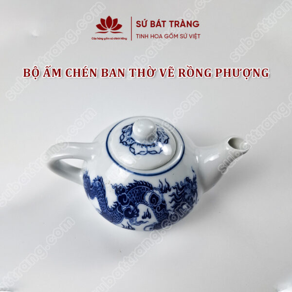 Bộ ấm Chén Ban Thờ Men Lam Bát Tràng Cao Cấp Vẽ Hoạ Tiết Rồng Phượng | Sứ Bát Tràng