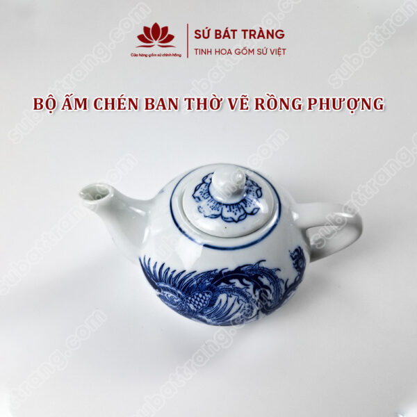 Bộ ấm Chén Ban Thờ Men Lam Bát Tràng Cao Cấp Vẽ Hoạ Tiết Rồng Phượng | Sứ Bát Tràng