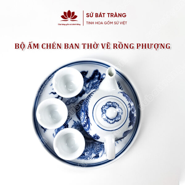 Bộ ấm Chén Ban Thờ Men Lam Bát Tràng Cao Cấp Vẽ Hoạ Tiết Rồng Phượng | Sứ Bát Tràng